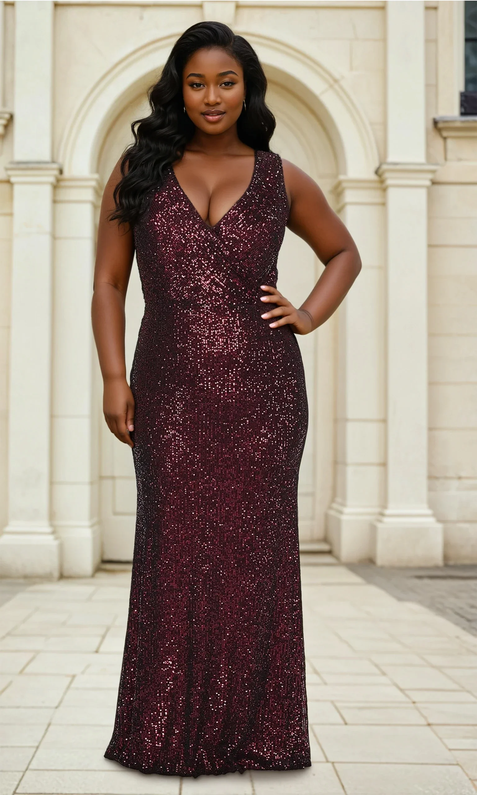 La Femme Plus-Size V-Neck Sequin Long Prom Dress - Image 3