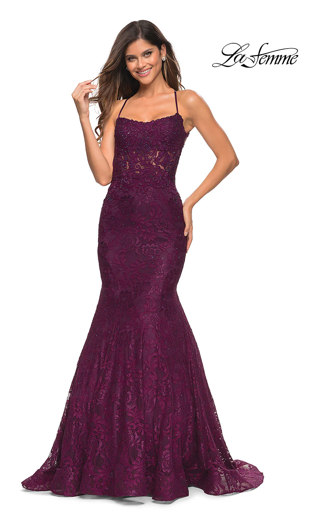 Open-Back Long Lace Mermaid Prom Dress by La Femme - Image 4